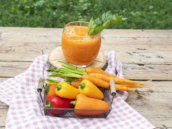 Close-up of orange juice on table