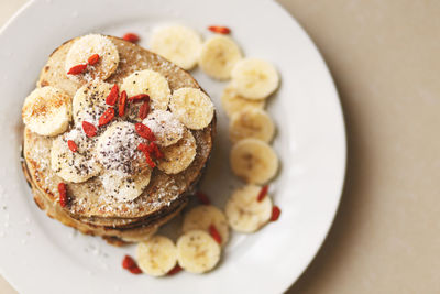 High angle view of breakfast served on table