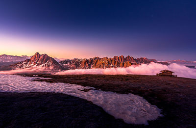 Scenic view of snowcapped mountains against sky during sunset