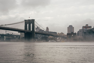 Bridge over river against sky in city