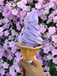 Midsection of person holding lavender ice cream