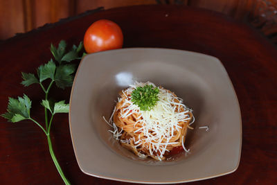 High angle view of vegetables in bowl on table