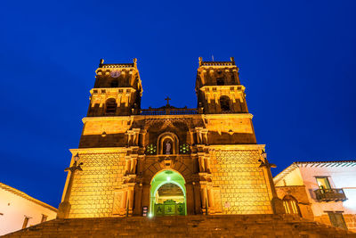 Low angle view of cathedral at night