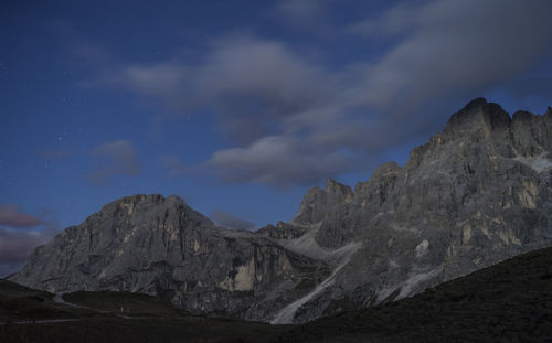 Low angle view of rocky mountains against sky