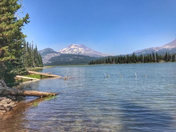 Scenic view of lake and mountains against clear blue sky