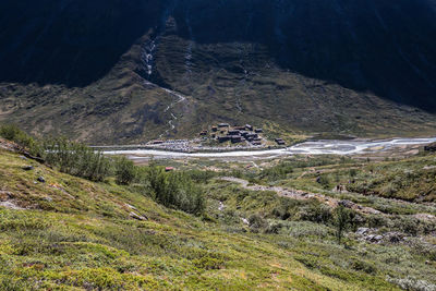 High angle view of land and mountains