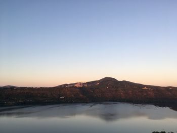 Scenic view of lake against clear sky during sunset