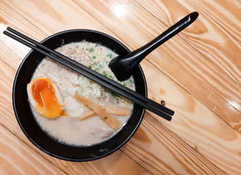 High angle view of soup in bowl on table