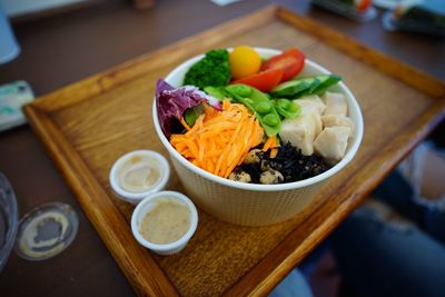 High angle view of meal served on table