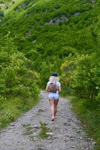 Rear view of man walking on footpath