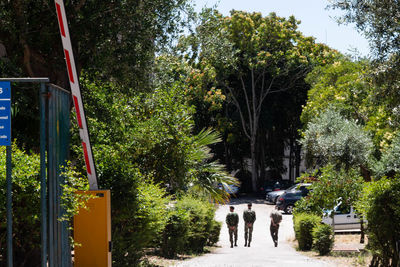 Rear view of people walking on street in city