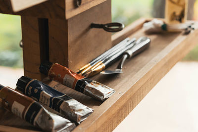 Close-up of equipment on table