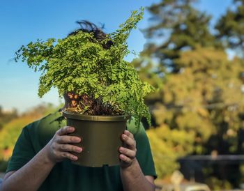 Midsection of man holding potted plant against blue sky and trees.