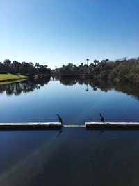 Scenic view of calm lake against clear sky