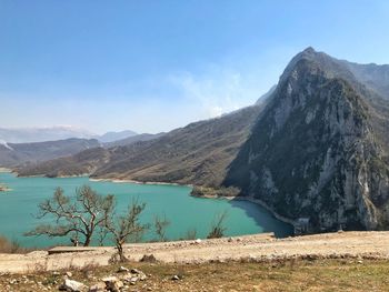 Scenic view of lake by mountains against sky