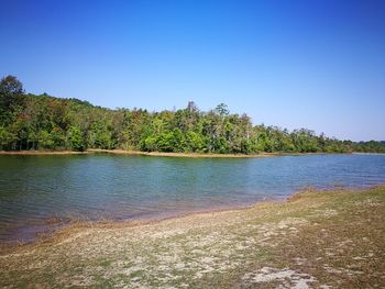 Scenic view of lake against clear blue sky