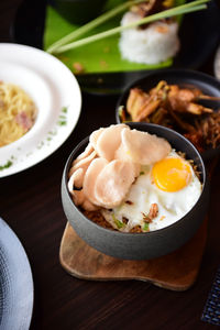 Close-up of breakfast served on table