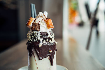 Close-up of chocolate cake on table