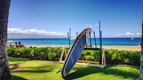 Scenic view of sea against clear blue sky