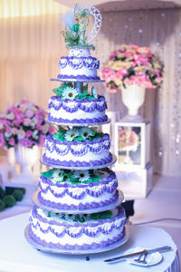 Close-up of purple flowers on table