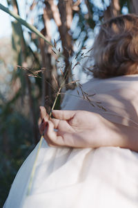 Rear view of woman holding tree