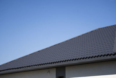 Low angle view of building roof against clear sky