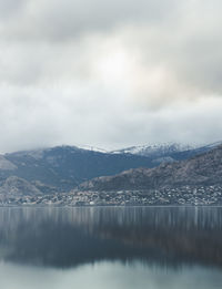 Scenic view of lake by snowcapped mountains against sky