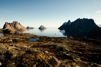 Scenic view of sea and mountains against sky