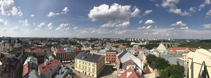 High angle shot of townscape against sky