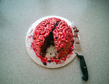 Directly above shot of home bake tasty and bloody brain cake. piece of cake.