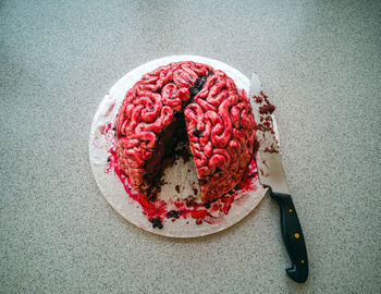 Directly above shot of chopped cake