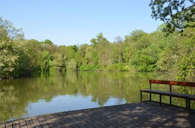 Scenic view of lake in forest against clear sky