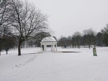 Trees on snow covered field against sky