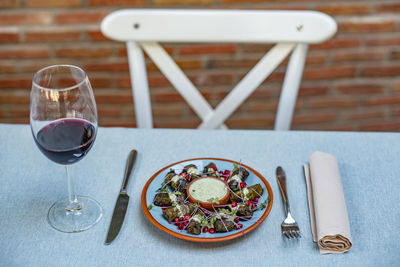 High angle view of food served on table