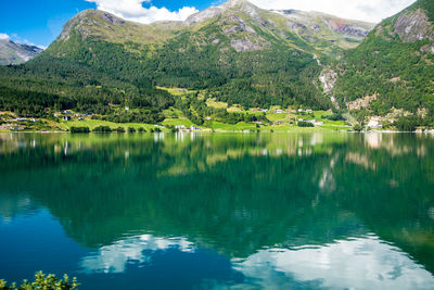 Scenic view of lake by mountains against sky