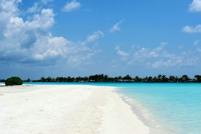 Scenic view of beach against blue sky