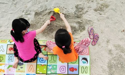 High angle view of children playing