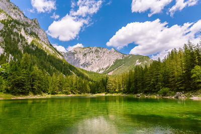 Scenic view of lake and mountains against sky