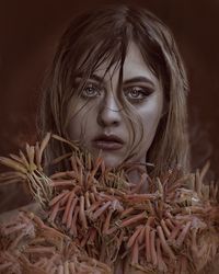 Close-up portrait of young woman against gray background
