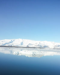 Scenic view of snow covered mountains next to lake