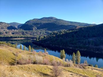 Scenic view of lake and mountains against blue sky