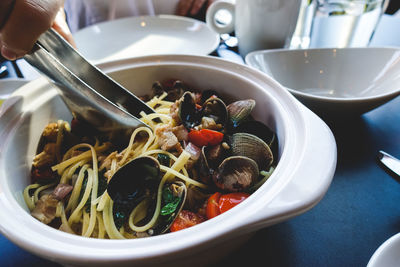 High angle view of food in bowl on table