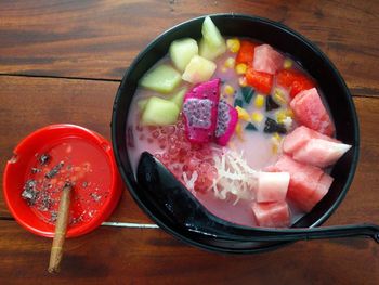 High angle view of food in bowl on table