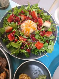 High angle view of salad in bowl on table