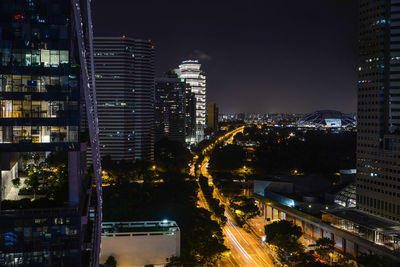 High angle view of illuminated buildings at night