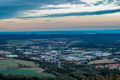 High angle view of townscape against sky at sunset