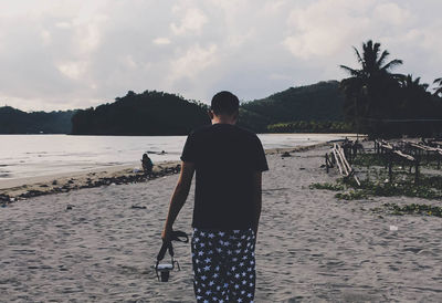 Rear view of man standing on beach against sky