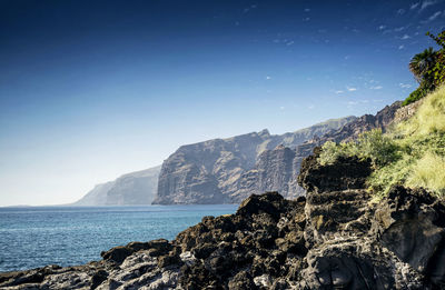 Scenic view of sea and mountains against clear blue sky