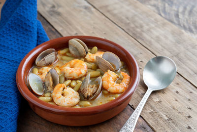 High angle view of seafood in bowl on table