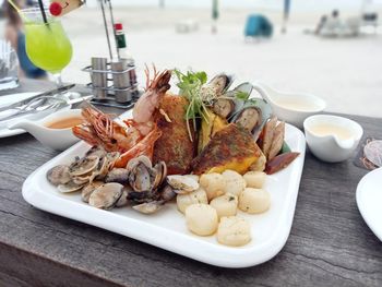 High angle view of seafood in plate on table